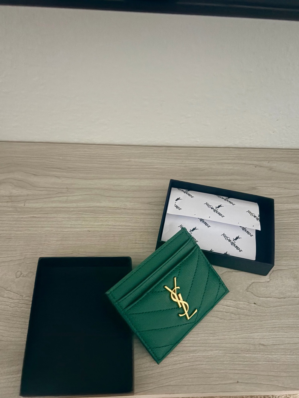 Saint Laurent Green Quilted Card Holder with Gold YSL Emblem
